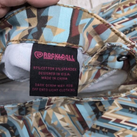 Rock & Roll Denim Ladies High Rise Blue/Brown Aztec Bell Bottom Jeans 28x34 - Picture 7 of 8